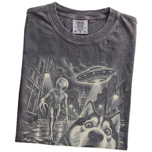 Husky Alien Selfie Comfort Colors T-Shirt in Pepper, folded view