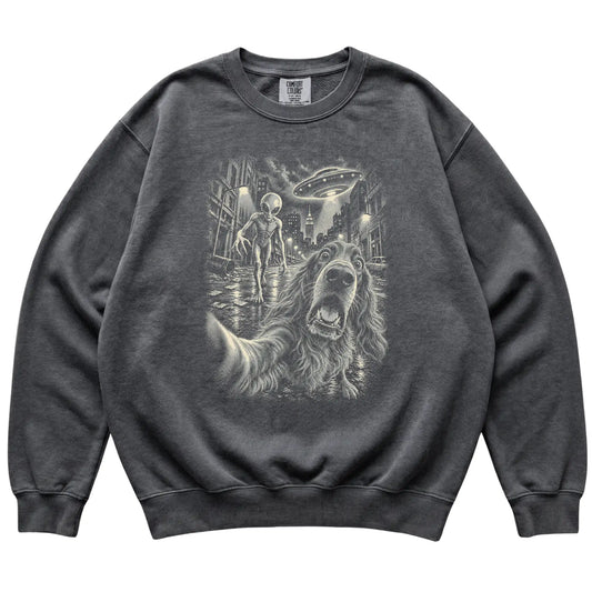 Irish Setter Alien Selfie Comfort Colors Sweatshirt in Pepper, flat view