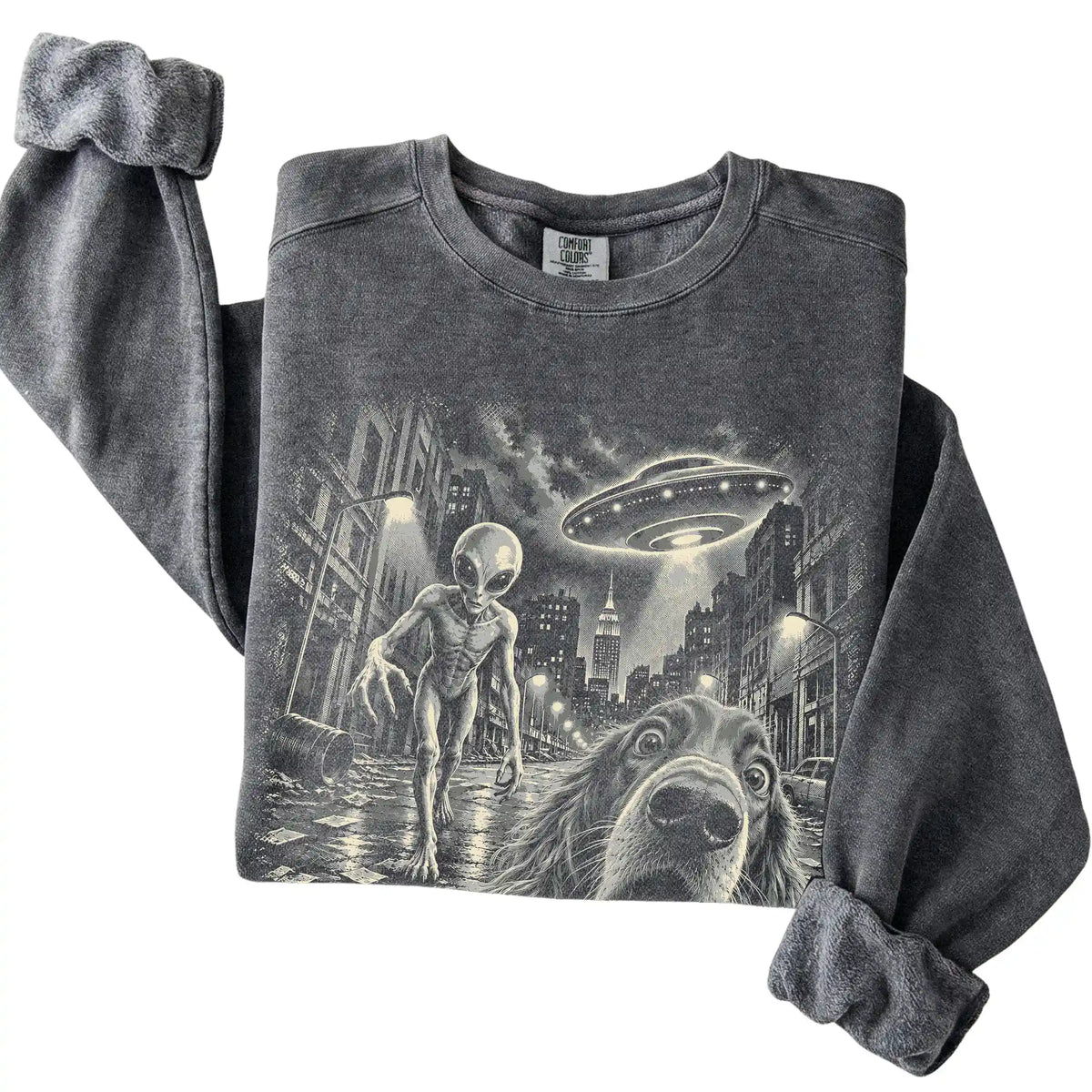 Irish Setter Alien Selfie Comfort Colors Sweatshirt in Pepper, folded view