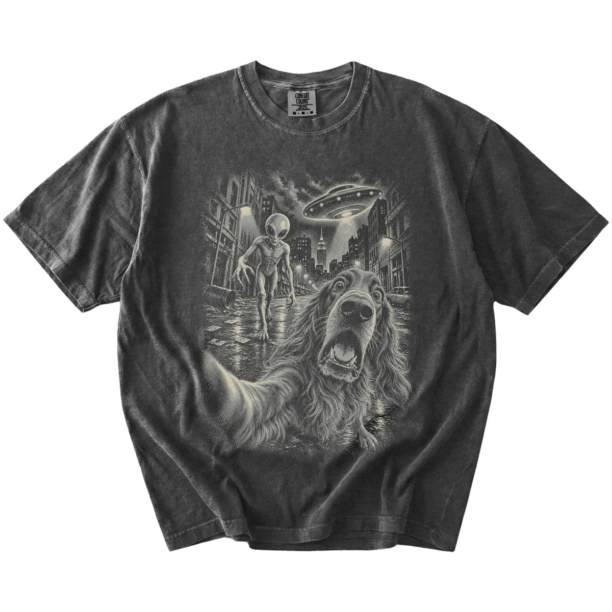 Irish Setter Alien Selfie Comfort Colors T-Shirt in Pepper, flat view