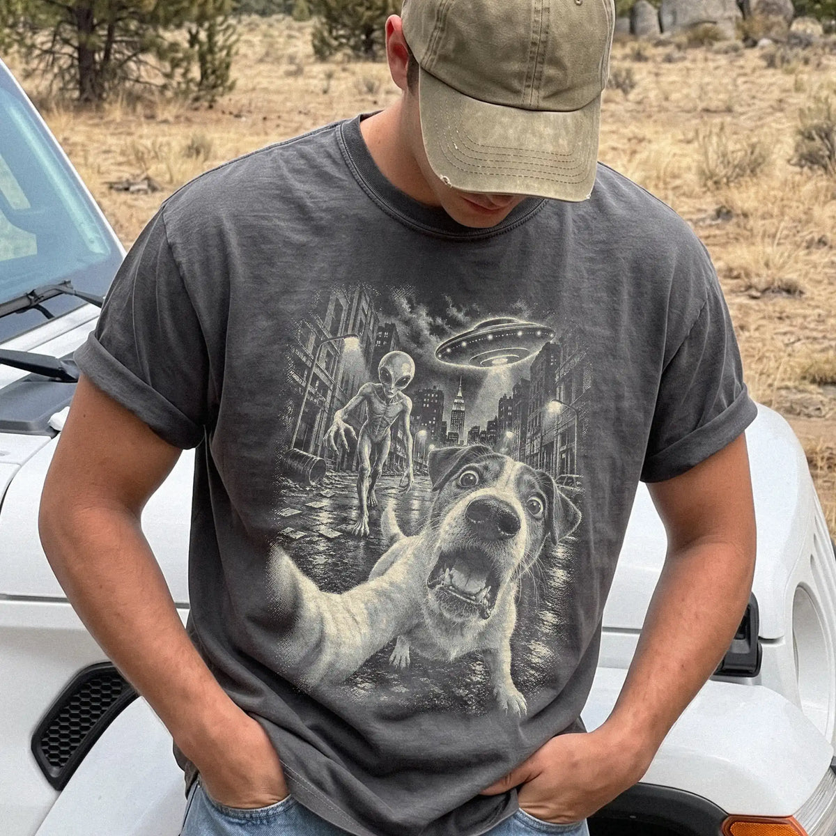 Jack Russell Alien Selfie Comfort Colors T-Shirt in Pepper, modeled view