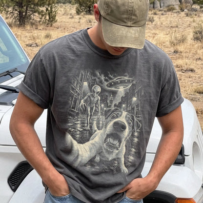 Jack Russell Alien Selfie Comfort Colors T-Shirt in Pepper, modeled view