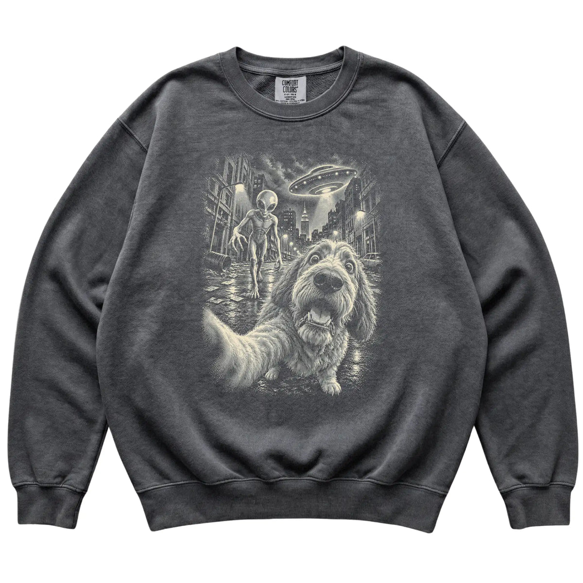 Labradoodle Alien Selfie Comfort Colors Sweatshirt in Pepper, flat view