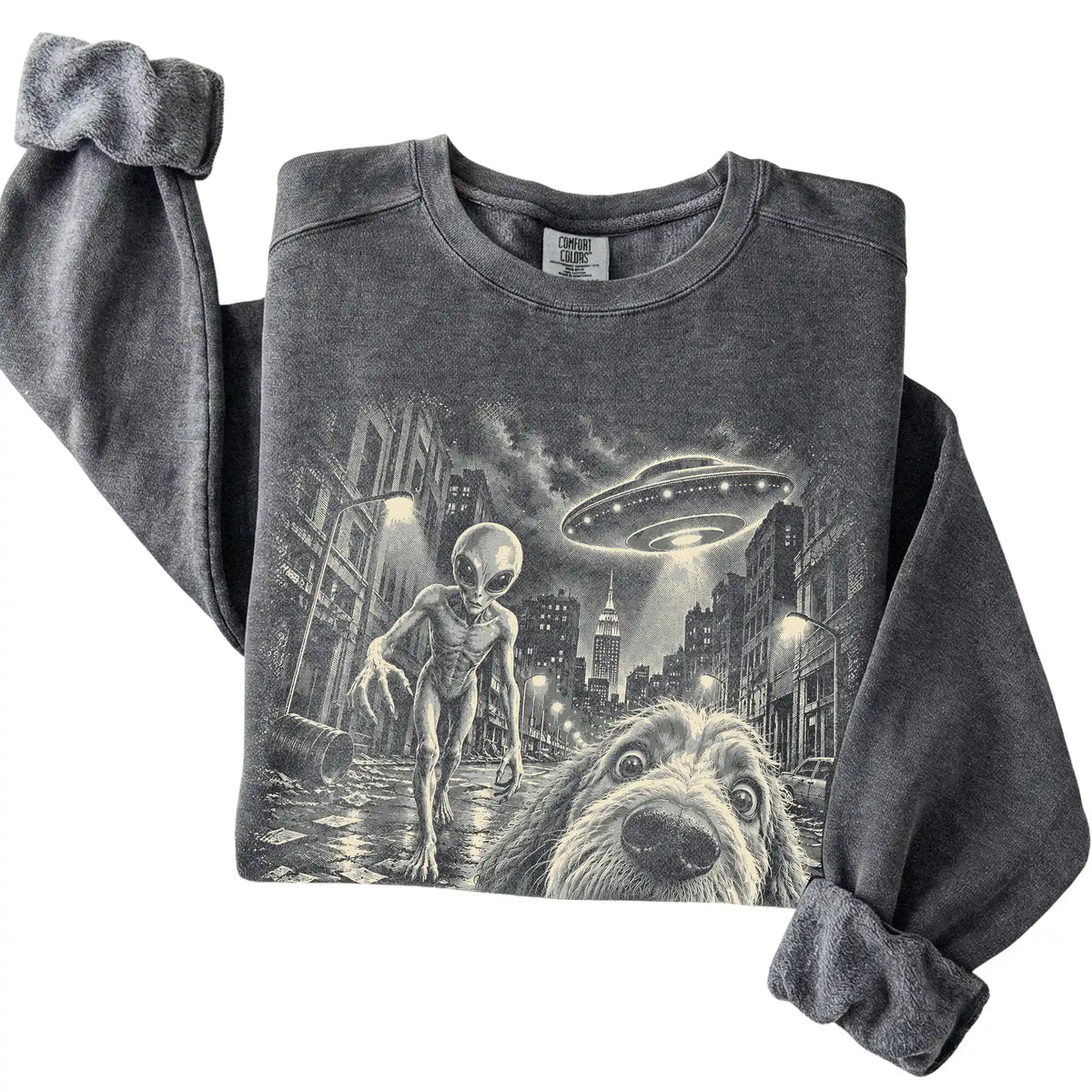 Labradoodle Alien Selfie Comfort Colors Sweatshirt in Pepper, folded view