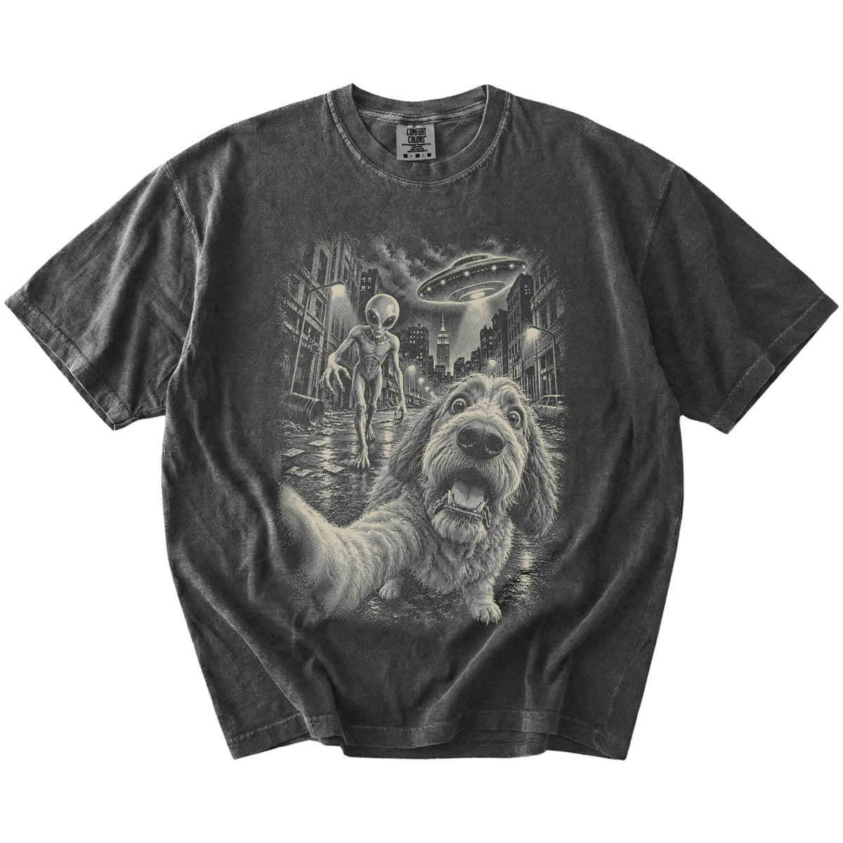 Labradoodle Alien Selfie Comfort Colors T-Shirt in Pepper, flat view