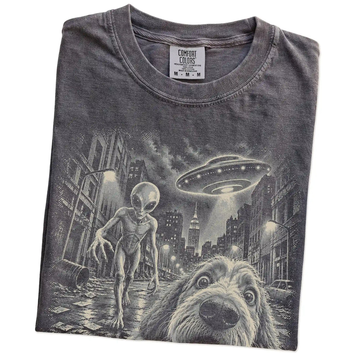 Labradoodle Alien Selfie Comfort Colors T-Shirt in Pepper, folded view