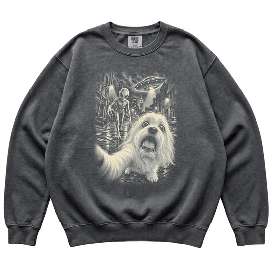 Maltese Alien Selfie Comfort Colors Sweatshirt in Pepper, flat view