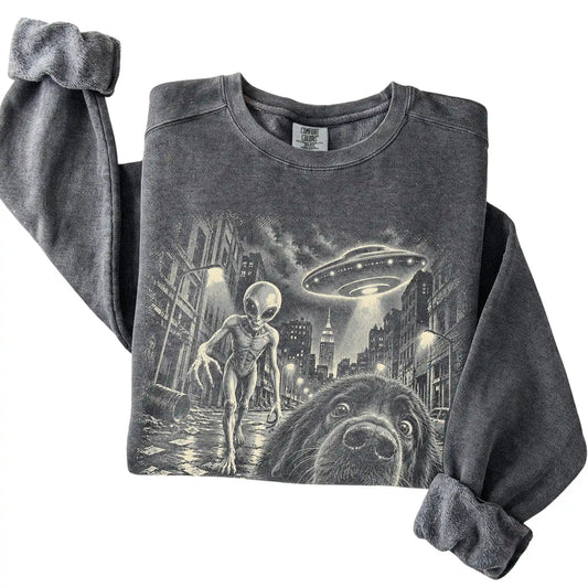 Newfie Alien Selfie Comfort Colors Sweatshirt in Pepper, folded view