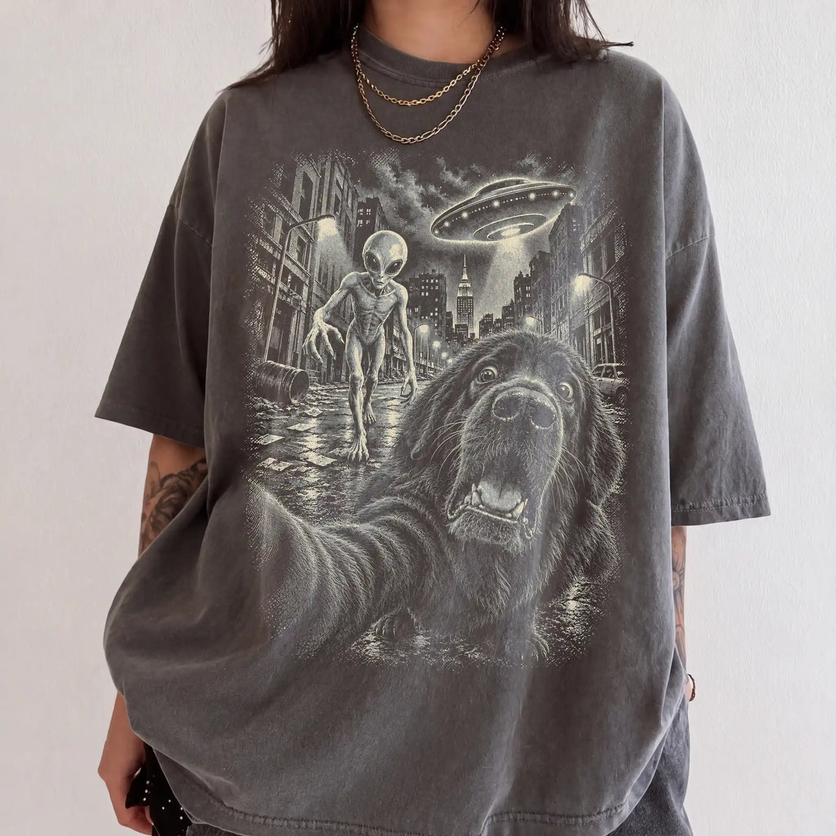 Newfie Alien Selfie Comfort Colors T-Shirt in Pepper, modeled view