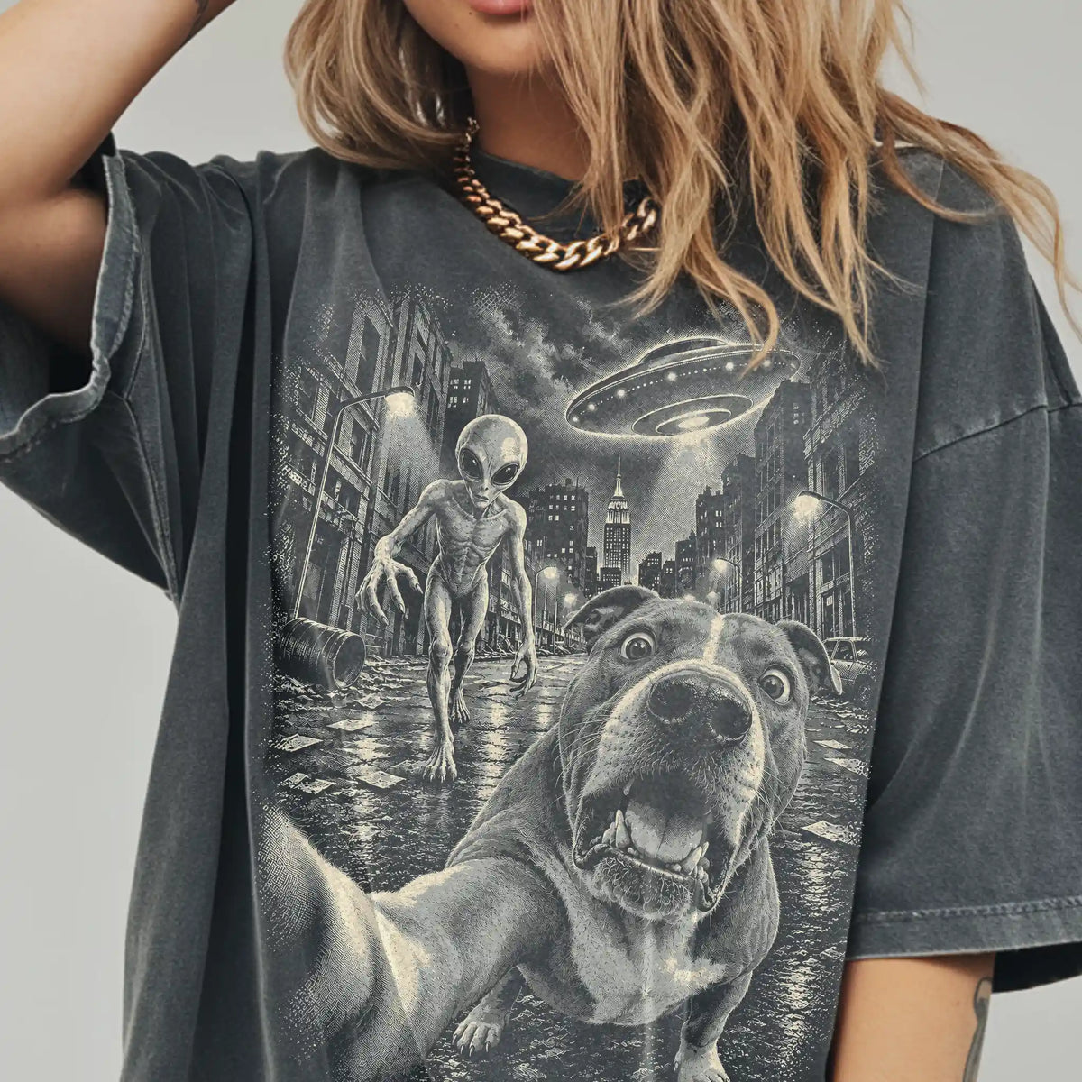 Pitbull Alien Selfie Comfort Colors T-Shirt in Pepper, modeled view