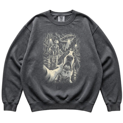 Pointer Alien Selfie Comfort Colors Sweatshirt in Pepper, flat view
