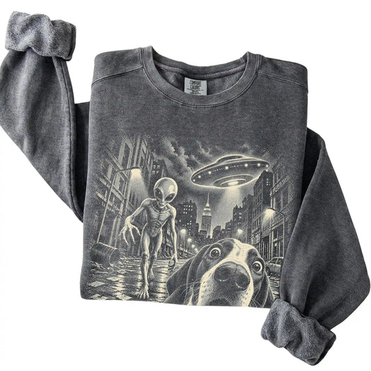 Pointer Alien Selfie Comfort Colors Sweatshirt in Pepper, folded view