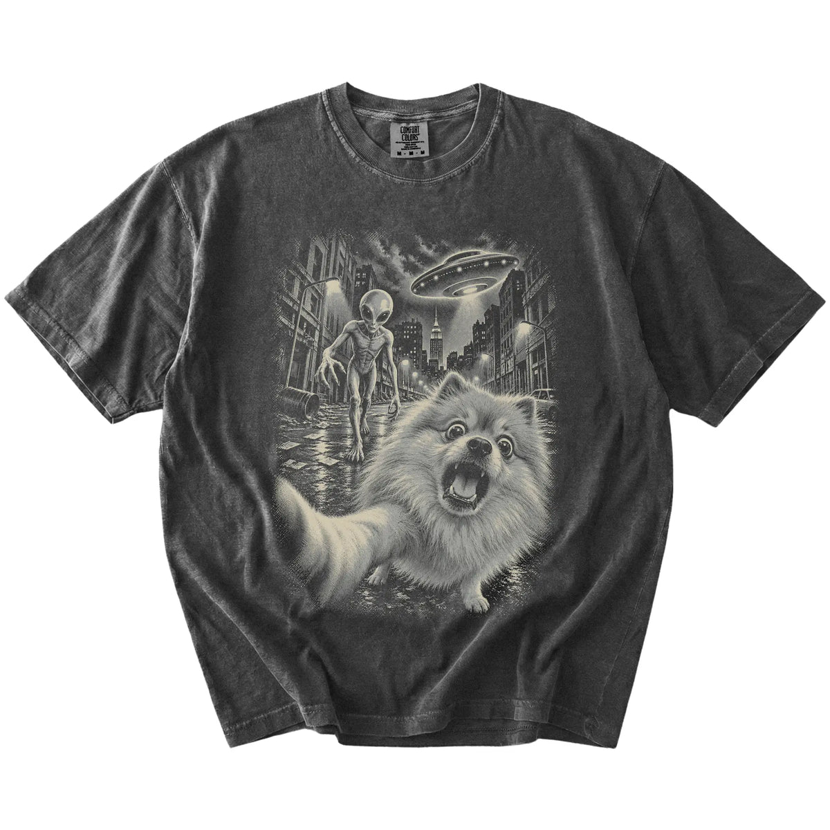 Pomeranian Alien Selfie Comfort Colors T-Shirt in Pepper, flat view