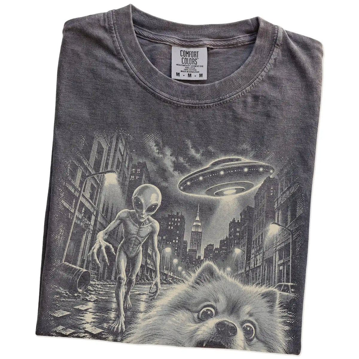 Pomeranian Alien Selfie Comfort Colors T-Shirt in Pepper, folded view
