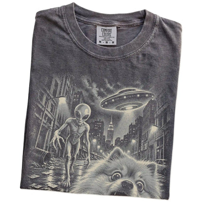 Pomeranian Alien Selfie Comfort Colors T-Shirt in Pepper, folded view