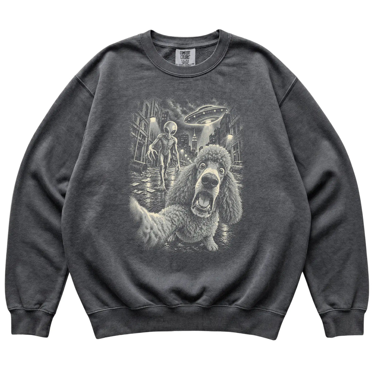 Poodle Alien Selfie Comfort Colors Sweatshirt in Pepper, flat view