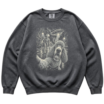 Poodle Alien Selfie Comfort Colors Sweatshirt in Pepper, flat view