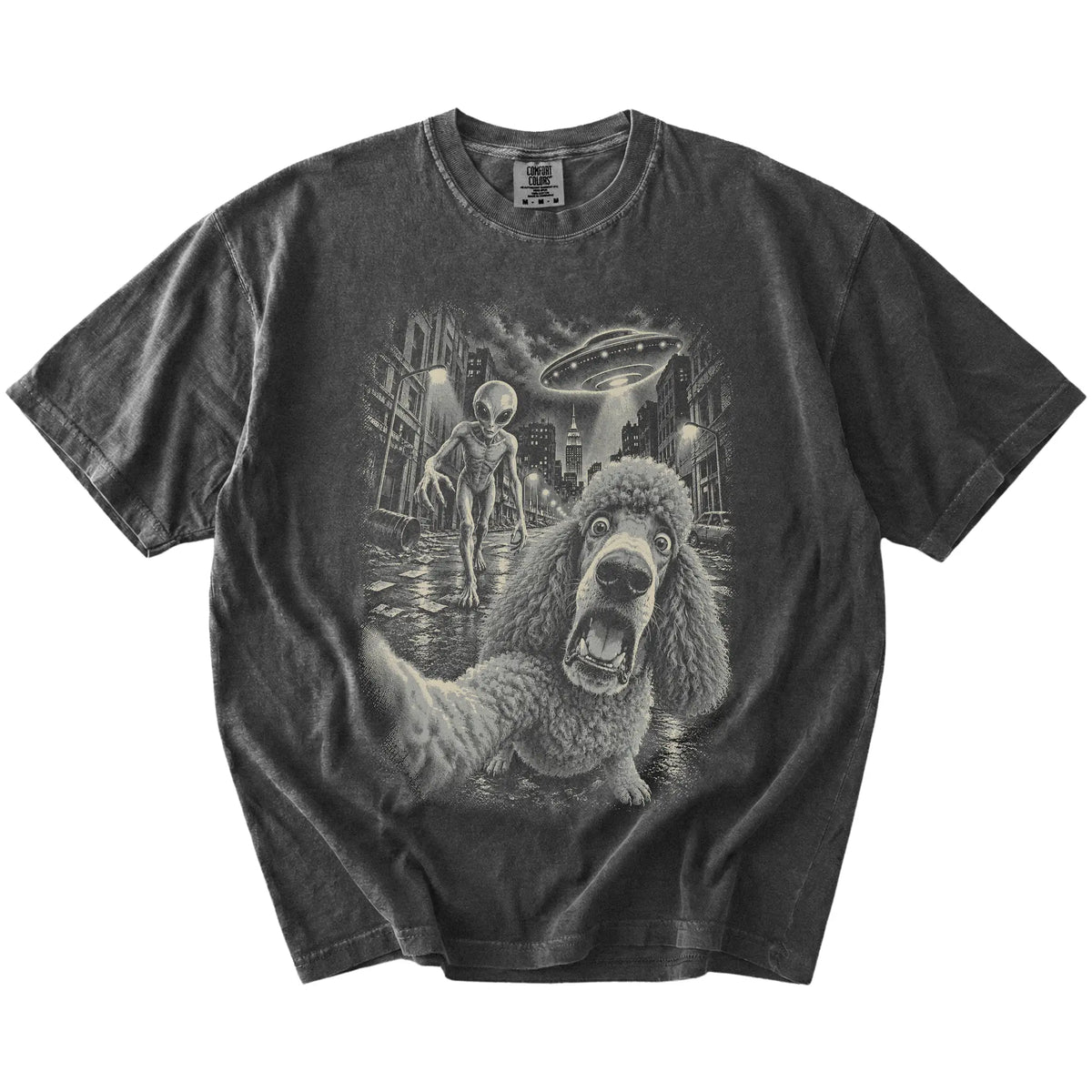 Poodle Alien Selfie Comfort Colors T-Shirt in Pepper, flat view