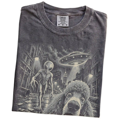 Poodle Alien Selfie Comfort Colors T-Shirt in Pepper, folded view