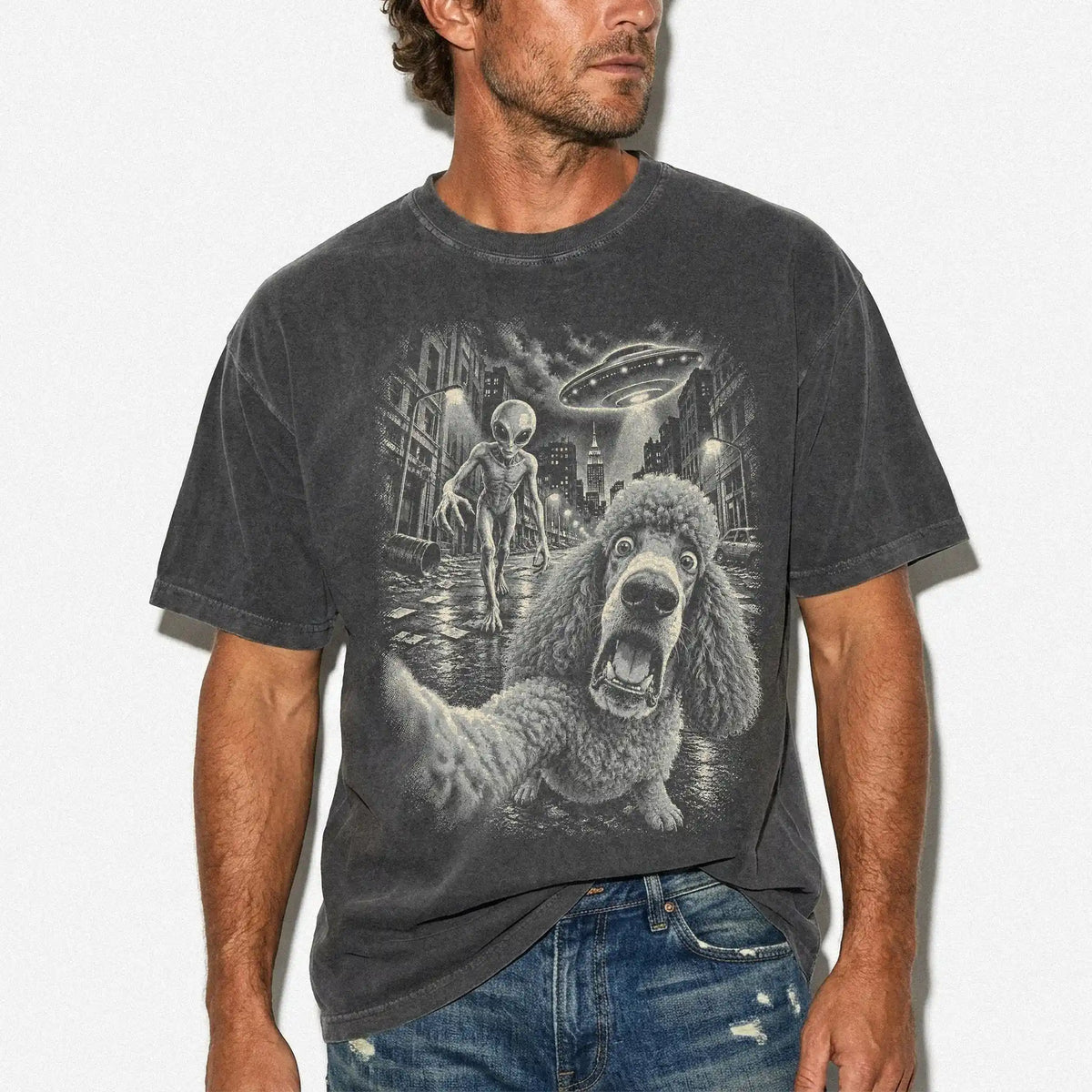 Poodle Alien Selfie Comfort Colors T-Shirt in Pepper, modeled view