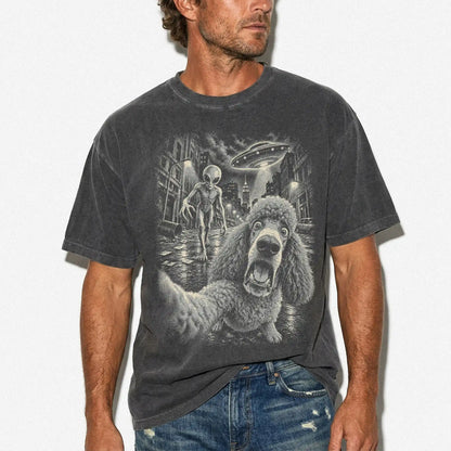 Poodle Alien Selfie Comfort Colors T-Shirt in Pepper, modeled view