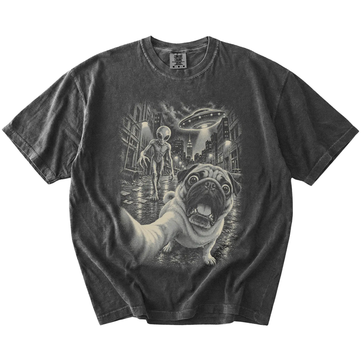Pug Alien Selfie Comfort Colors T-Shirt in Pepper, flat view