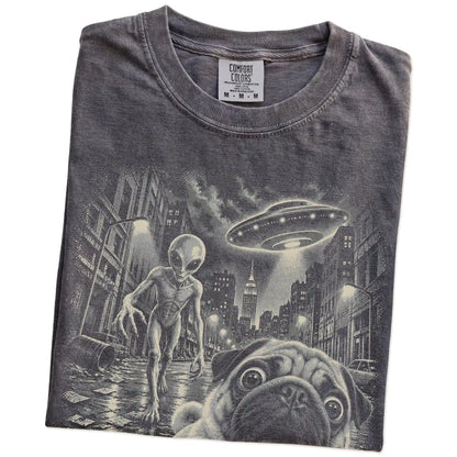 Pug Alien Selfie Comfort Colors T-Shirt in Pepper, folded view