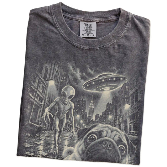 Pug Alien Selfie Comfort Colors T-Shirt in Pepper, folded view