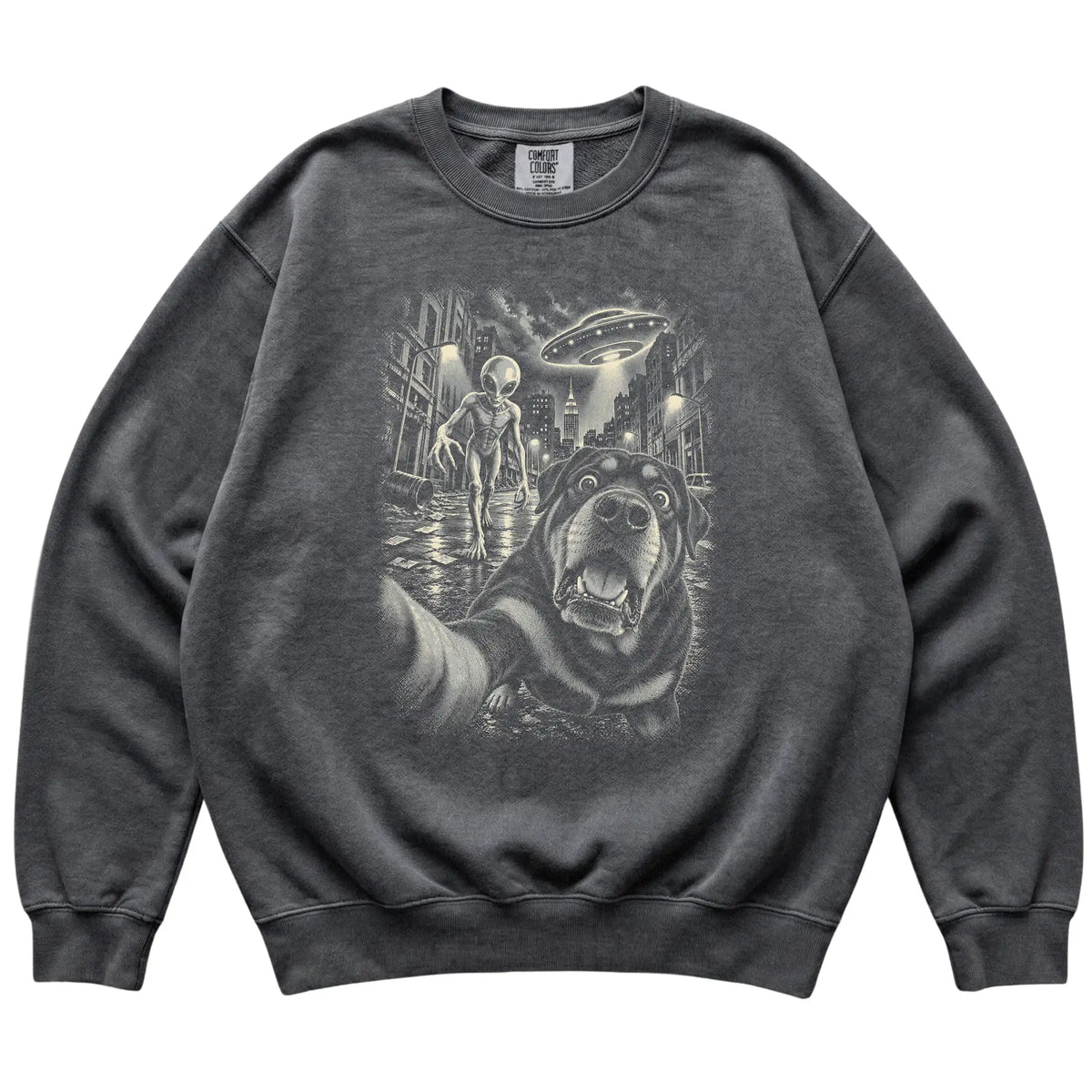Rottweiler Alien Selfie Comfort Colors Sweatshirt in Pepper, flat view