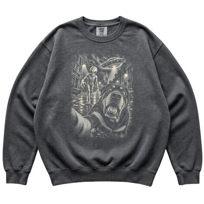 Rottweiler Alien Selfie Comfort Colors Sweatshirt in Pepper, flat view