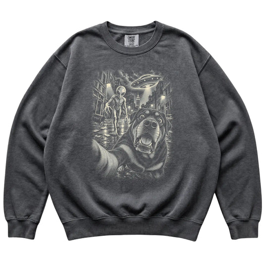 Rottweiler Alien Selfie Comfort Colors Sweatshirt in Pepper, flat view