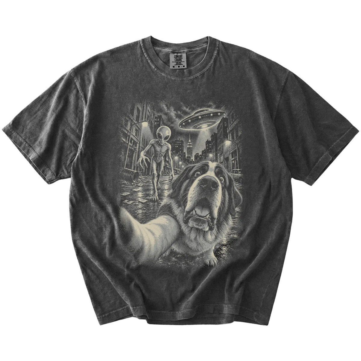 Saint Bernard Alien Selfie Comfort Colors T-Shirt in Pepper, flat view