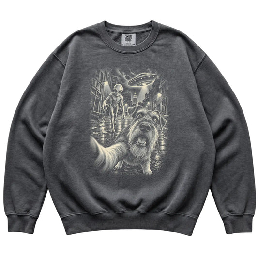 Schnauzer Alien Selfie Comfort Colors Sweatshirt in Pepper, flat view