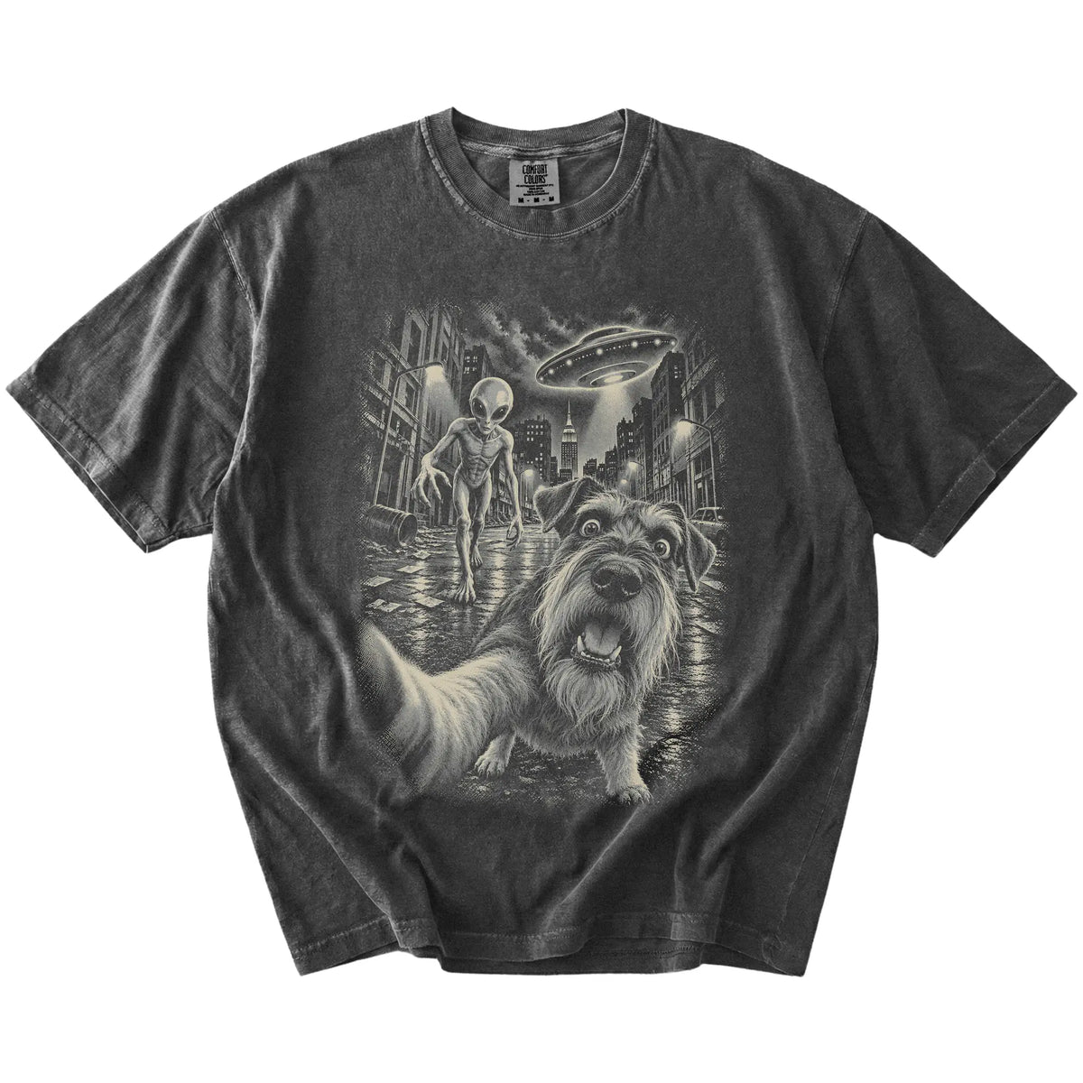 Schnauzer Alien Selfie Comfort Colors T-Shirt in Pepper, flat view