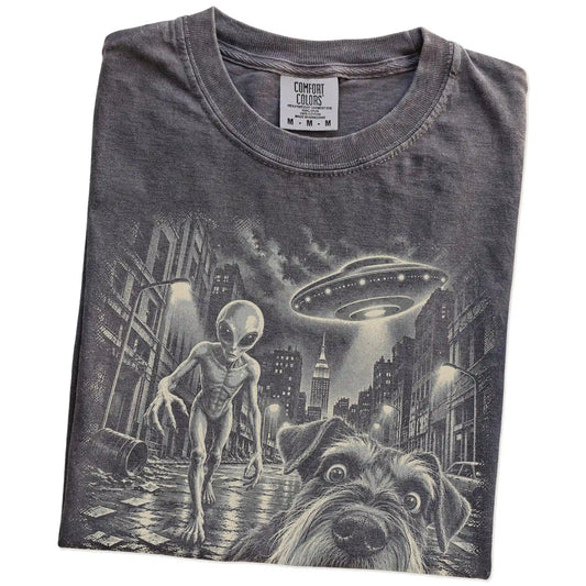 Schnauzer Alien Selfie Comfort Colors T-Shirt in Pepper, folded view