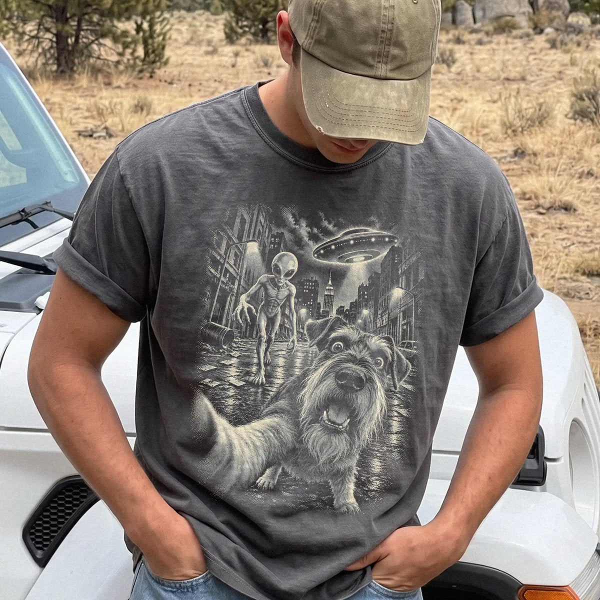 Schnauzer Alien Selfie Comfort Colors T-Shirt in Pepper, modeled view
