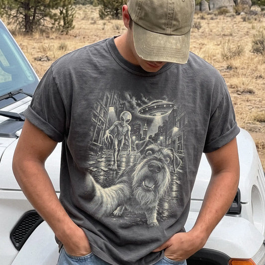 Schnauzer Alien Selfie Comfort Colors T-Shirt in Pepper, modeled view