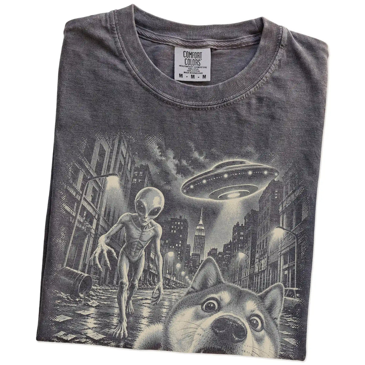 Shiba Inu Alien Selfie Comfort Colors T-Shirt in Pepper, folded view