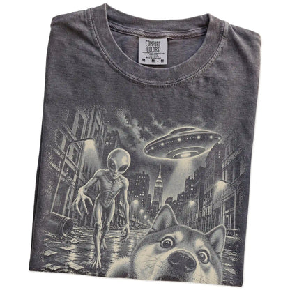 Shiba Inu Alien Selfie Comfort Colors T-Shirt in Pepper, folded view
