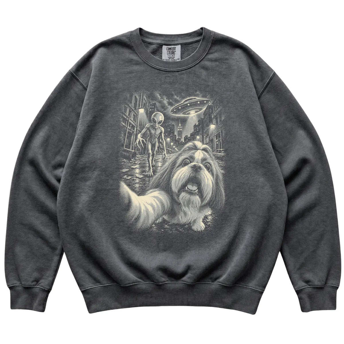 Shih Tzu Alien Selfie Comfort Colors Sweatshirt in Pepper, flat view