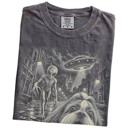 Shih Tzu Alien Selfie Comfort Colors T-Shirt in Pepper, folded view