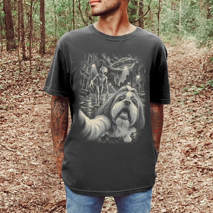 Shih Tzu Alien Selfie Comfort Colors T-Shirt in Pepper, modeled view
