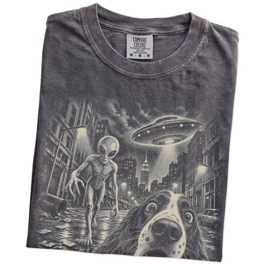 Springer Spaniel Alien Selfie Comfort Colors T-Shirt in Pepper, folded view
