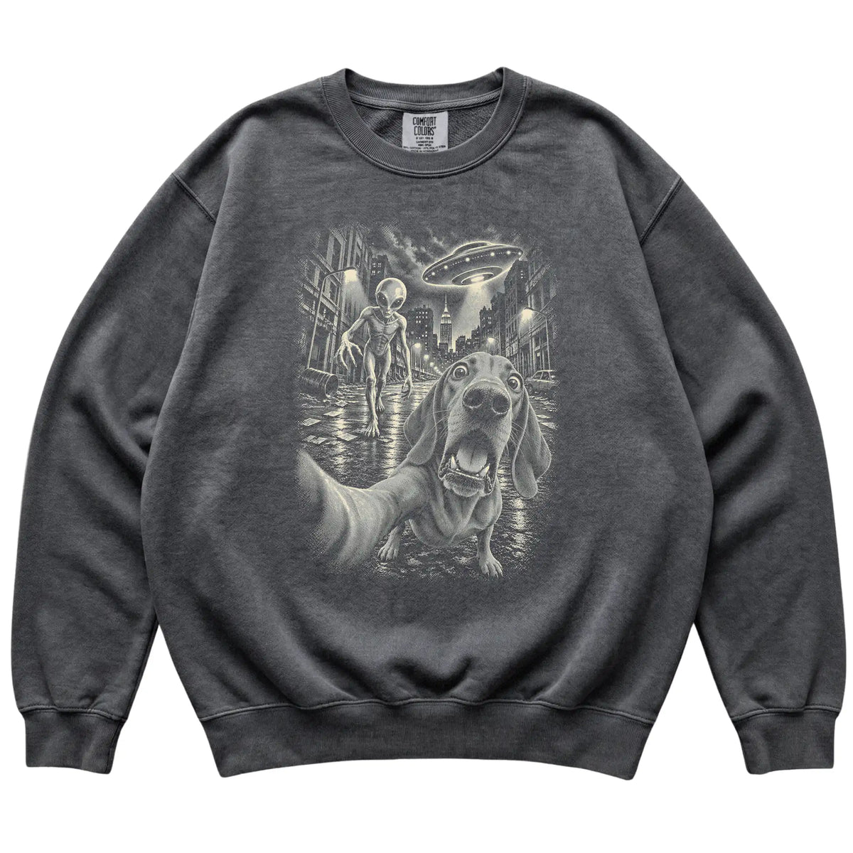Vizsla Alien Selfie Comfort Colors Sweatshirt in Pepper, flat view