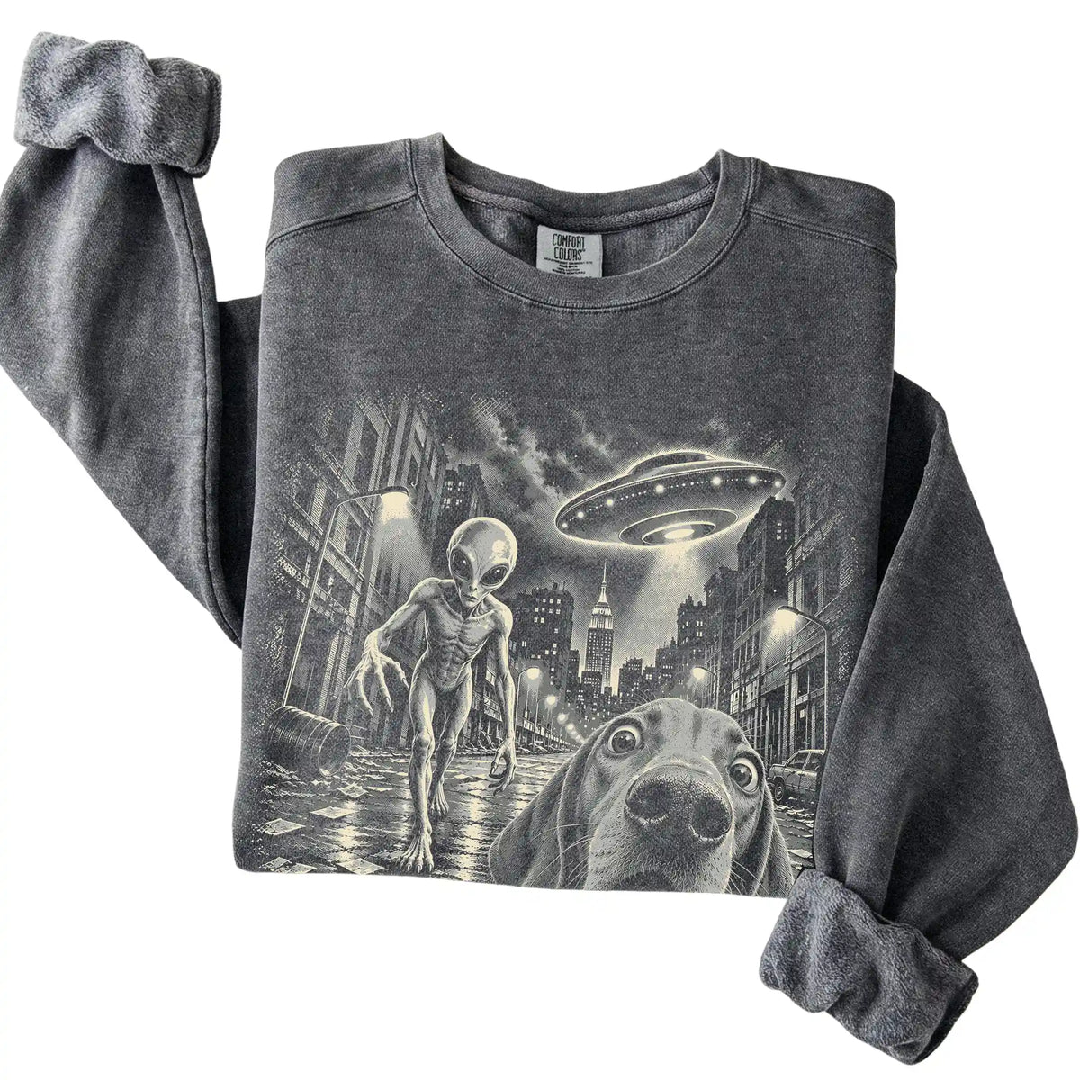 Vizsla Alien Selfie Comfort Colors Sweatshirt in Pepper, folded view