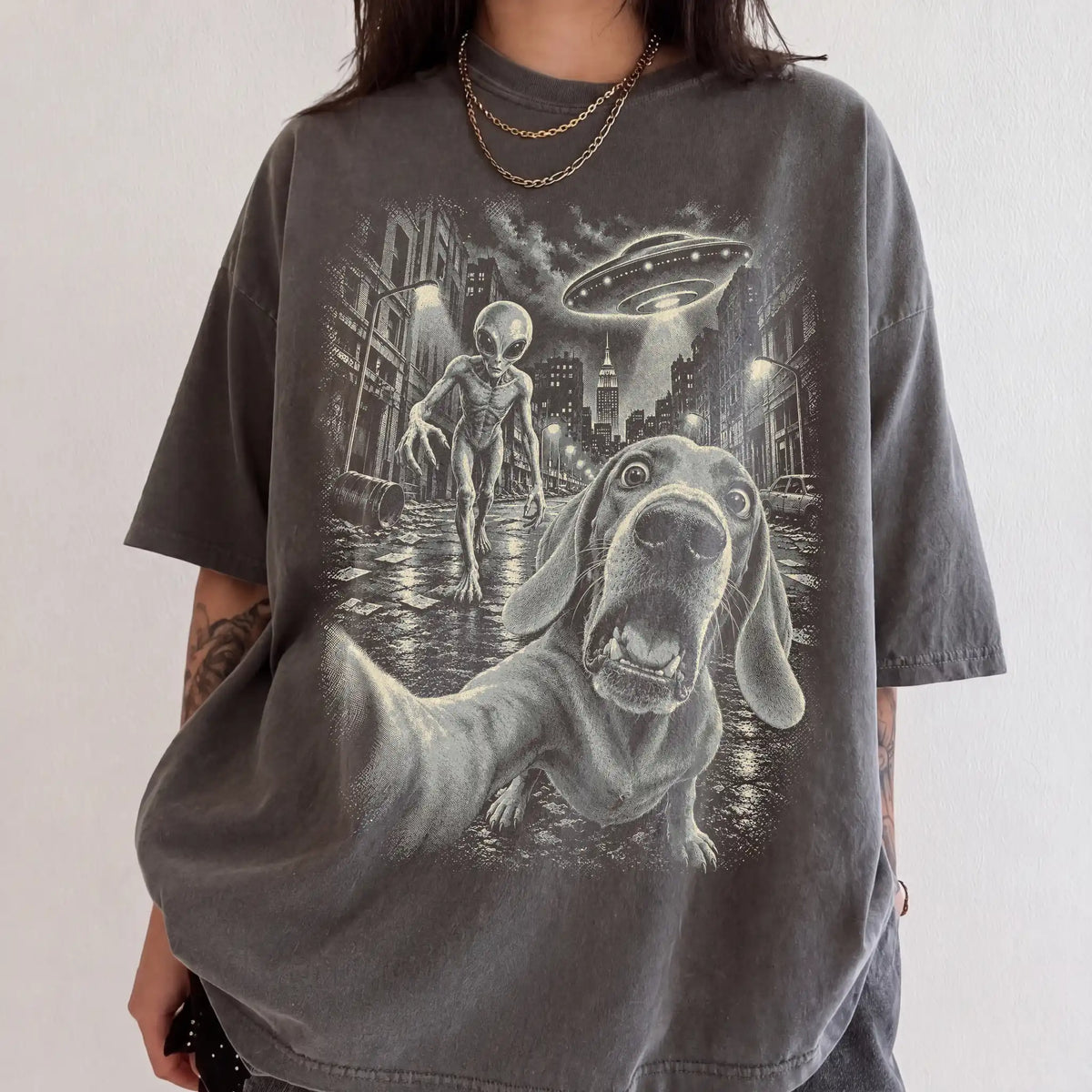 Weimaraner Alien Selfie Comfort Colors T-Shirt in Pepper, modeled view