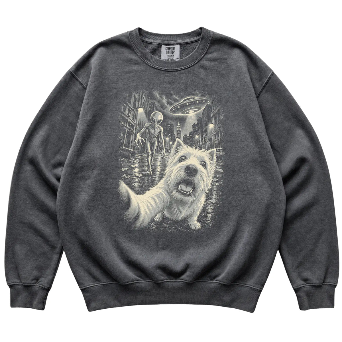 Westie Alien Selfie Comfort Colors Sweatshirt in Pepper, flat view