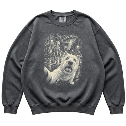 Westie Alien Selfie Comfort Colors Sweatshirt in Pepper, flat view