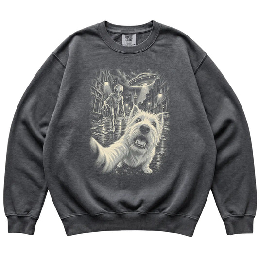 Westie Alien Selfie Comfort Colors Sweatshirt in Pepper, flat view