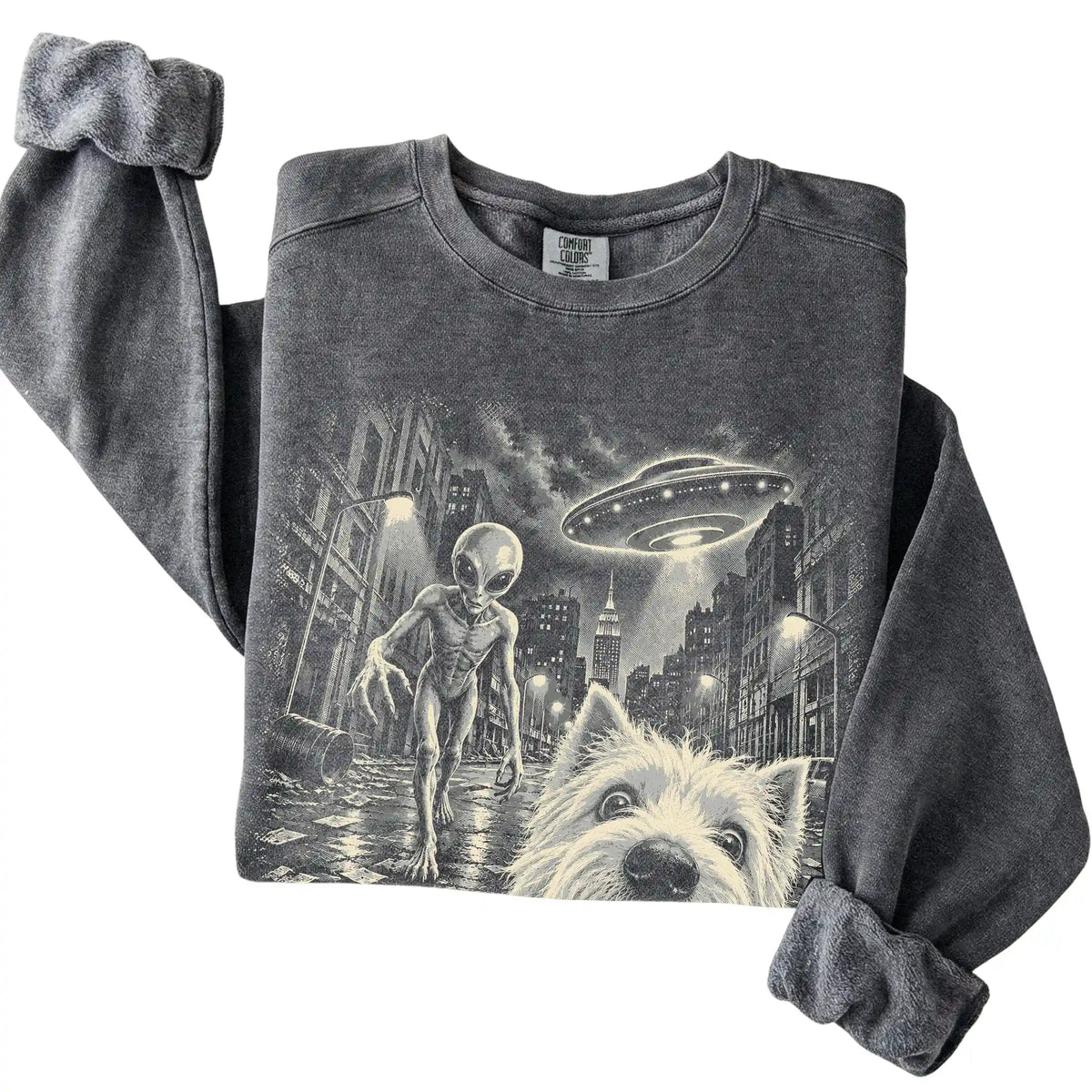 Westie Alien Selfie Comfort Colors Sweatshirt in Pepper, folded view